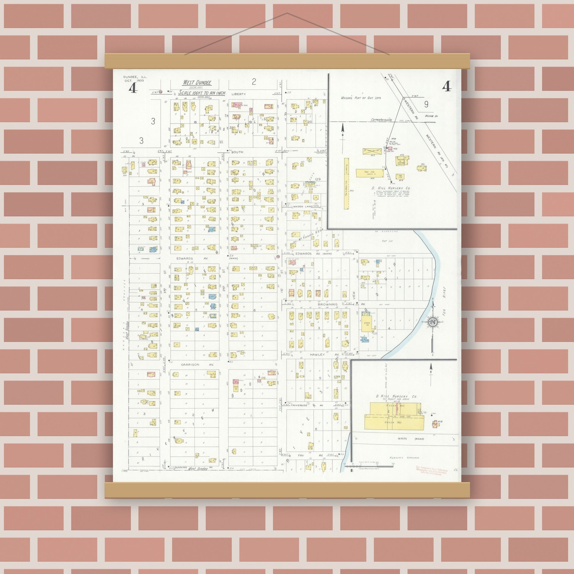 Old map wall art mockup — magnetic wood frame on brick wall — Sanborn Fire Insurance Map from Dundee, Kane County, Illinois (1933), Sheet #0004