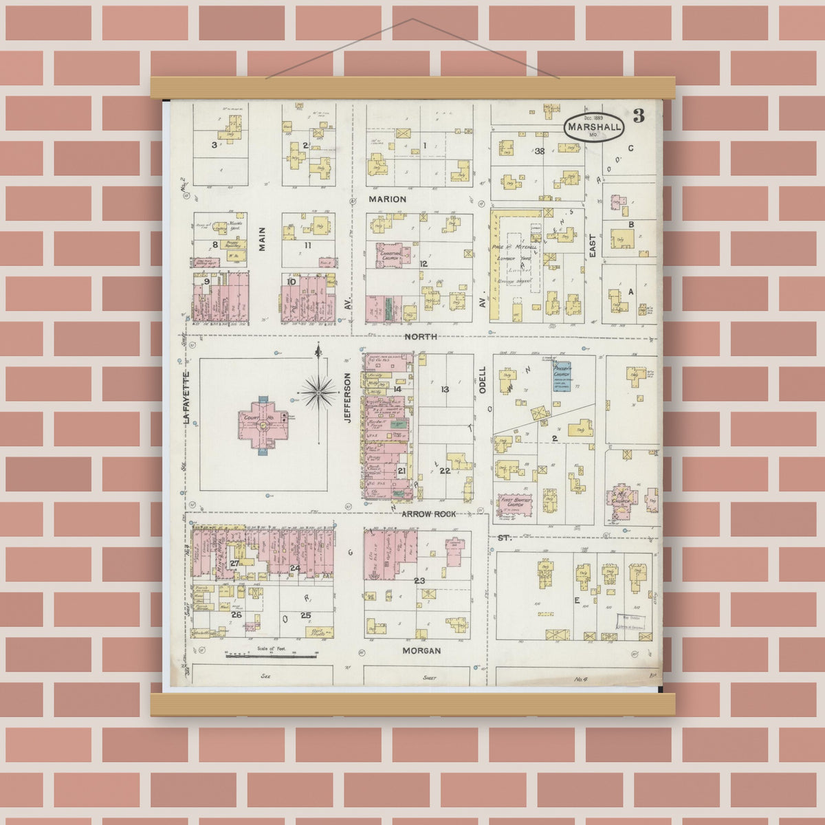 Old map wall art mockup — magnetic wood frame on brick wall — Sanborn Fire Insurance Map from Marshall, Saline County, Missouri (1889), Sheet #0003