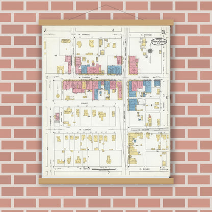 Old map wall art mockup — magnetic wood frame on brick wall — Sanborn Fire Insurance Map from Tarpon Springs, Pinellas County, Florida (1919), Sheet #0003
