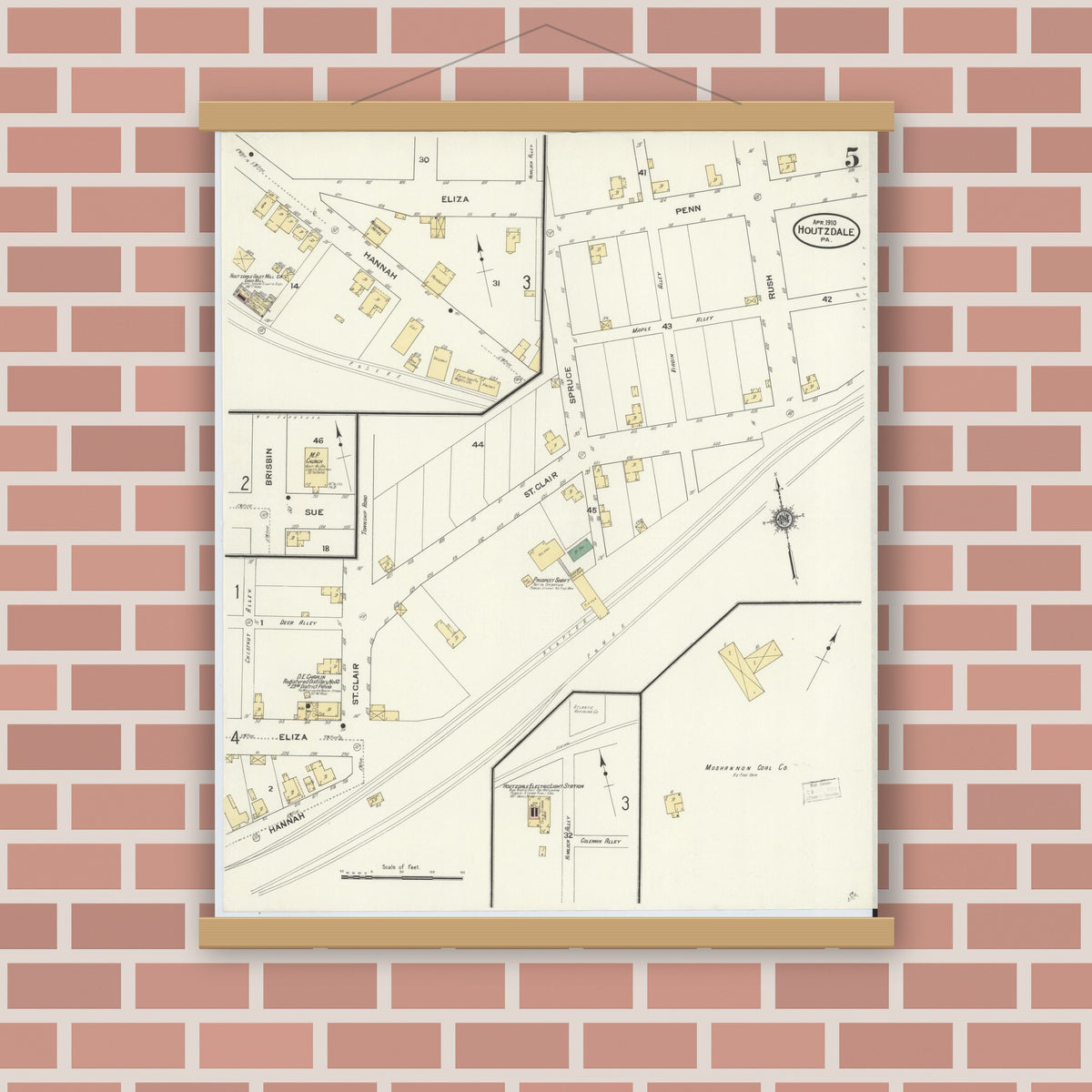 Old map wall art mockup — magnetic wood frame on brick wall — Sanborn Fire Insurance Map from Houtzdale, Clearfield County, Pennsylvania (1910), Sheet #0005