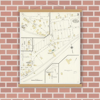 Old map wall art mockup — magnetic wood frame on brick wall — Sanborn Fire Insurance Map from Houtzdale, Clearfield County, Pennsylvania (1910), Sheet #0005