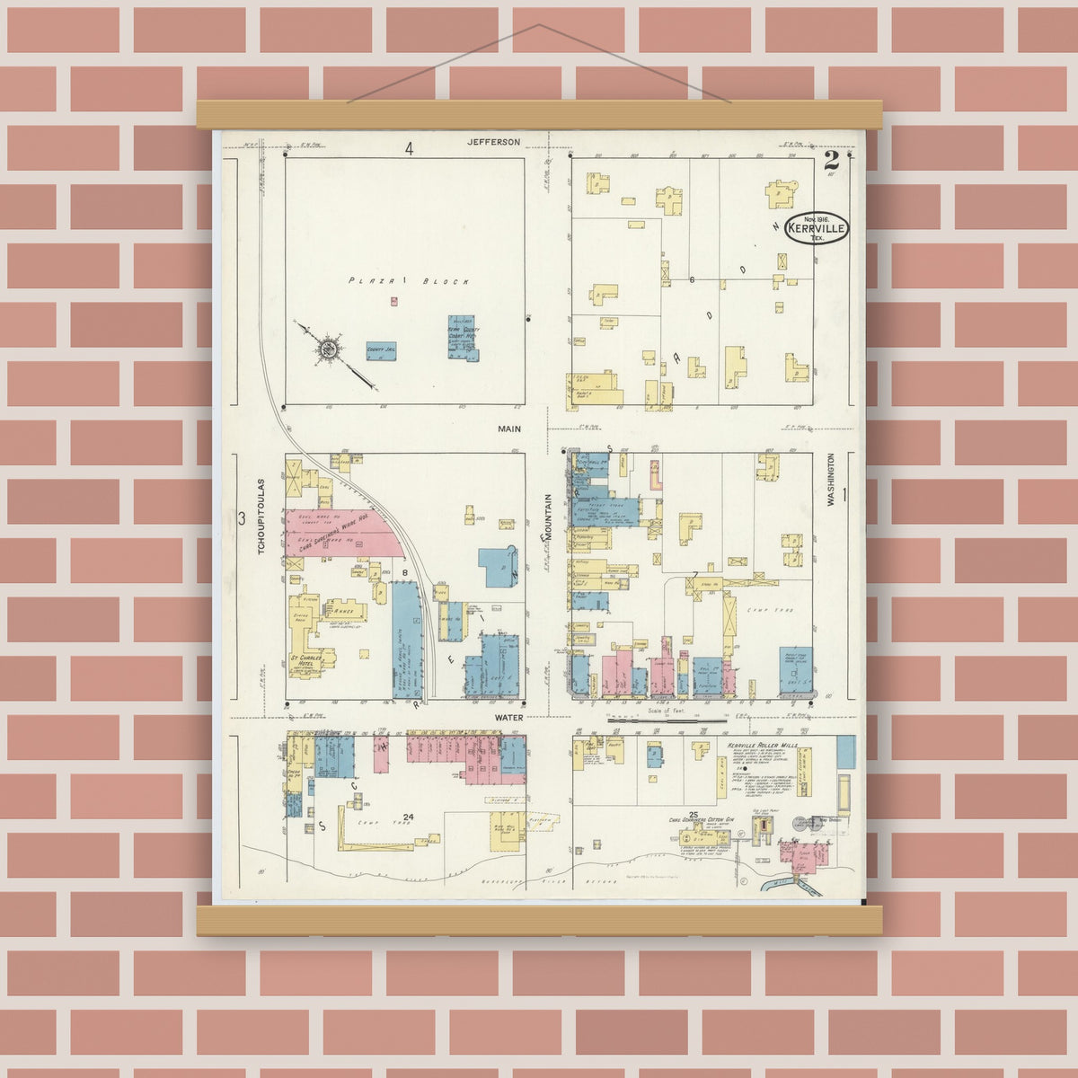 Old map wall art mockup — magnetic wood frame on brick wall — Sanborn Fire Insurance Map from Kerrville, Kerr County, Texas (1916), Sheet #0002