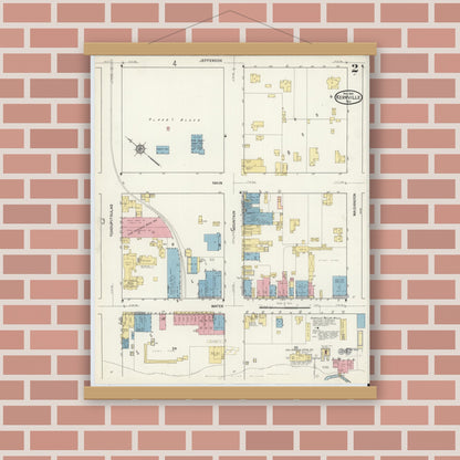 Old map wall art mockup — magnetic wood frame on brick wall — Sanborn Fire Insurance Map from Kerrville, Kerr County, Texas (1916), Sheet #0002