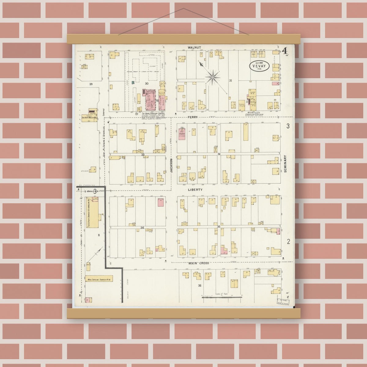Old map wall art mockup — magnetic wood frame on brick wall — Sanborn Fire Insurance Map from Vevay, Switzerland County, Indiana (1899), Sheet #0004