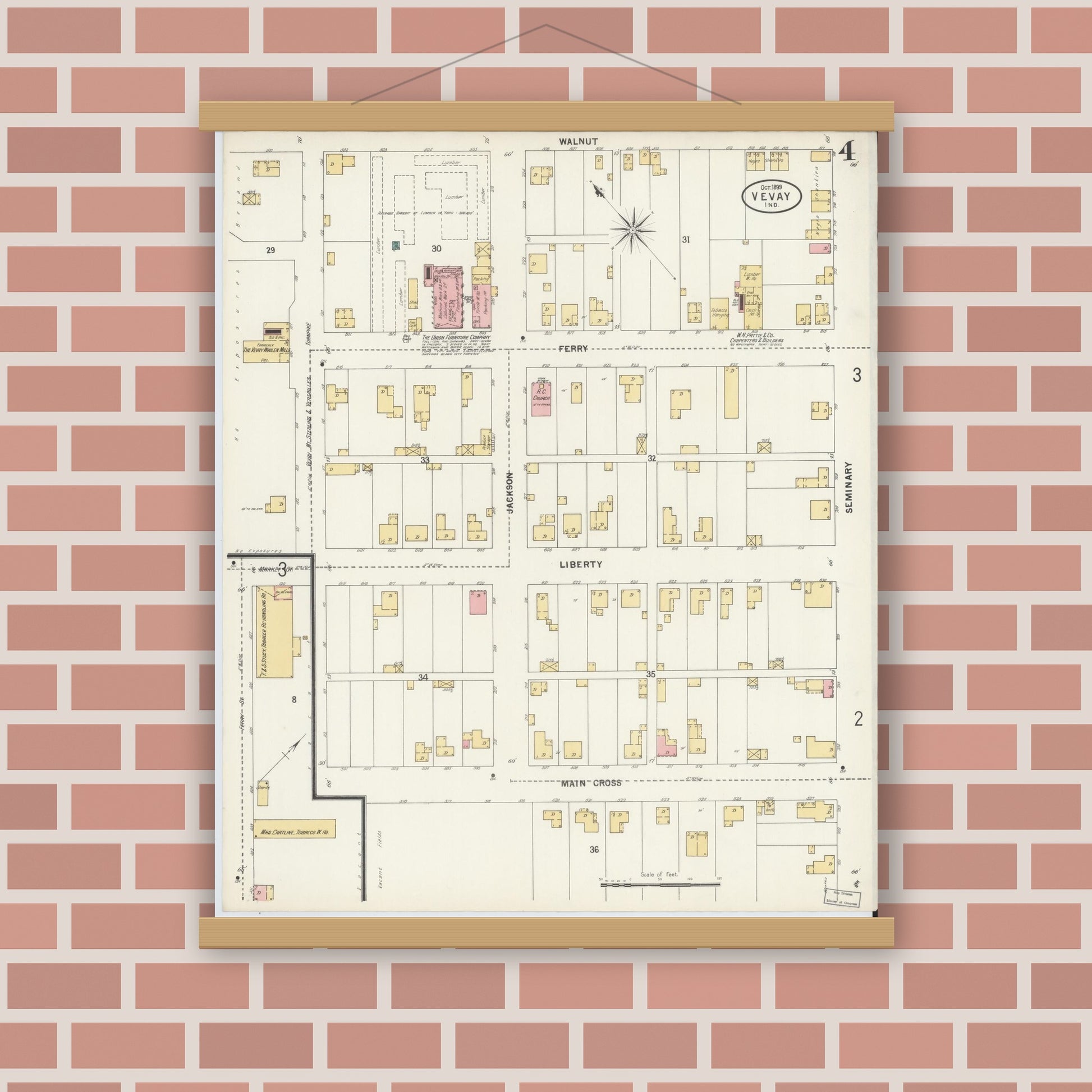 Old map wall art mockup — magnetic wood frame on brick wall — Sanborn Fire Insurance Map from Vevay, Switzerland County, Indiana (1899), Sheet #0004