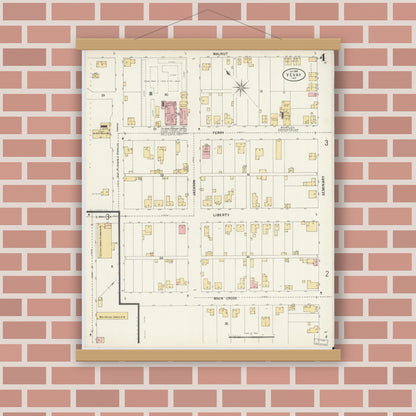 Old map wall art mockup — magnetic wood frame on brick wall — Sanborn Fire Insurance Map from Vevay, Switzerland County, Indiana (1899), Sheet #0004
