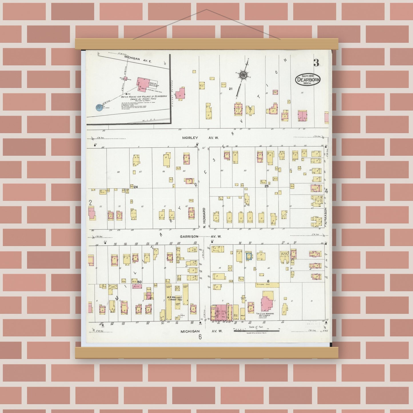 Old map wall art mockup — magnetic wood frame on brick wall — Sanborn Fire Insurance Map from Dearborn, Wayne County, Michigan (1919), Sheet #0003