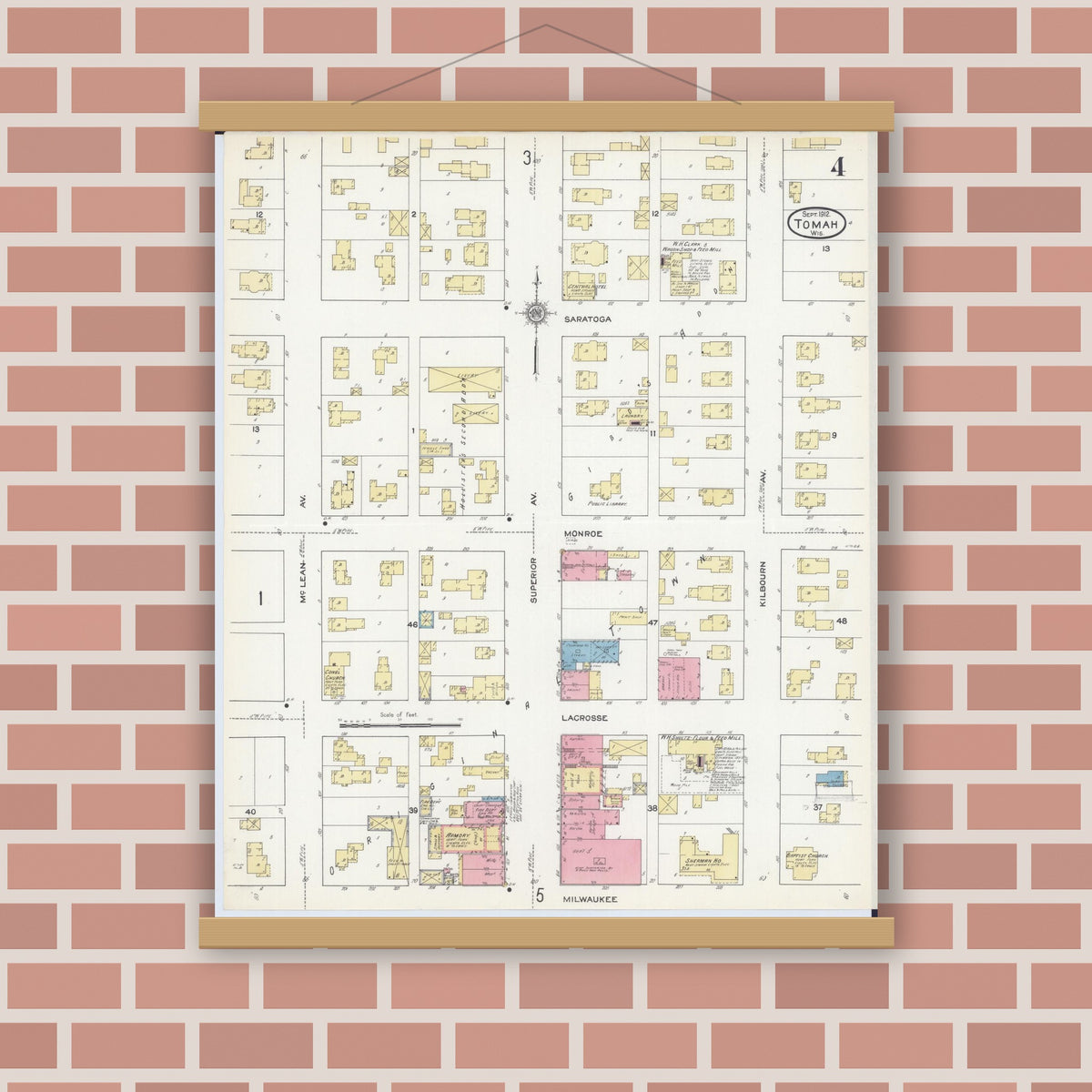 Old map wall art mockup — magnetic wood frame on brick wall — Sanborn Fire Insurance Map from Tomah, Monroe County, Wisconsin (1912), Sheet #0004