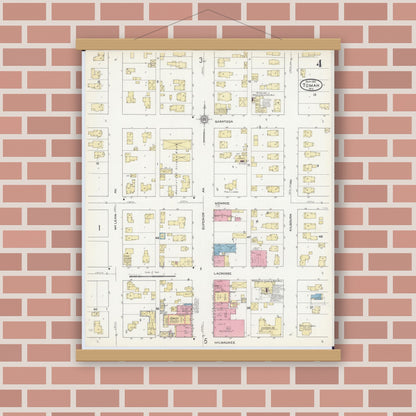 Old map wall art mockup — magnetic wood frame on brick wall — Sanborn Fire Insurance Map from Tomah, Monroe County, Wisconsin (1912), Sheet #0004