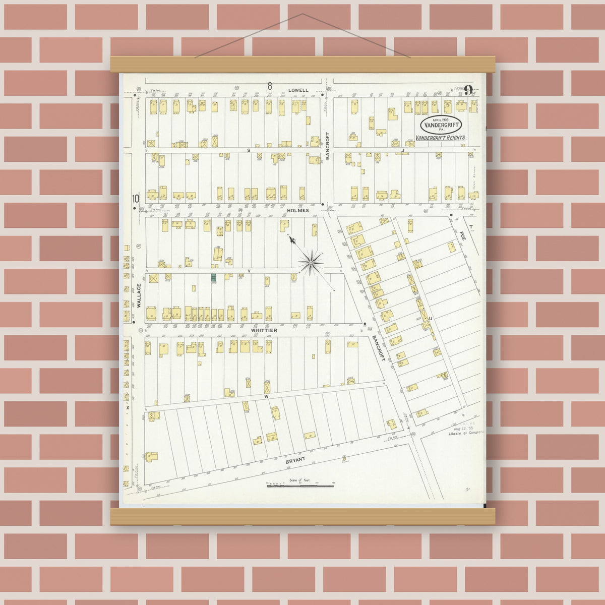 Old map wall art mockup — magnetic wood frame on brick wall — Sanborn Fire Insurance Map from Vandergrift, Westmoreland County, Pennsylvania (1909), Sheet #0009