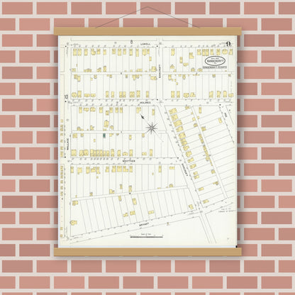 Old map wall art mockup — magnetic wood frame on brick wall — Sanborn Fire Insurance Map from Vandergrift, Westmoreland County, Pennsylvania (1909), Sheet #0009