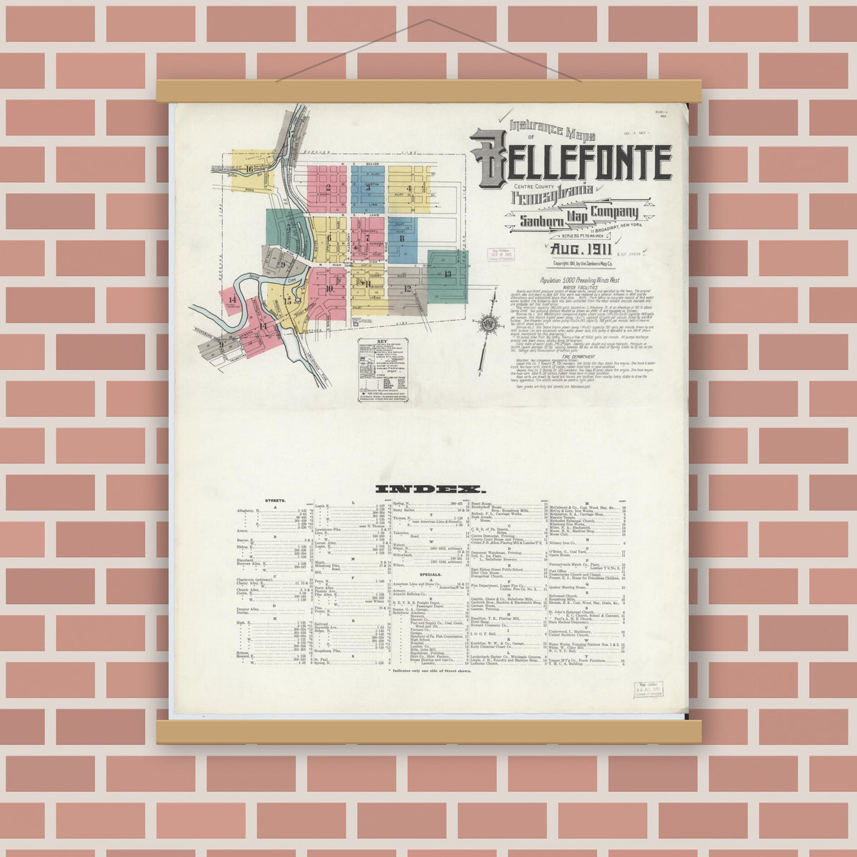 Old map wall art mockup — magnetic wood frame on brick wall — Sanborn Fire Insurance Map from Bellefonte, Centre County, Pennsylvania (1911) - Complete Map Set