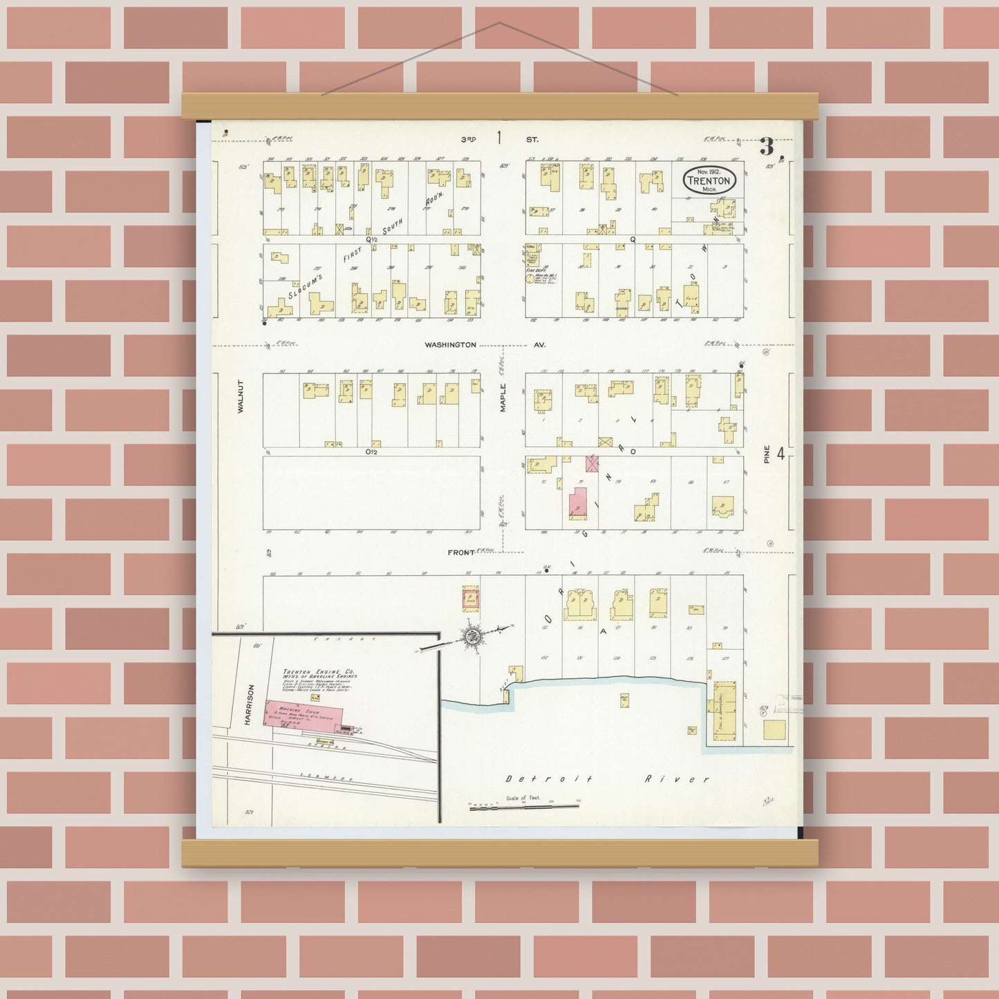 Old map wall art mockup — magnetic wood frame on brick wall — Sanborn Fire Insurance Map from Trenton, Wayne County, Michigan (1912), Sheet #0003
