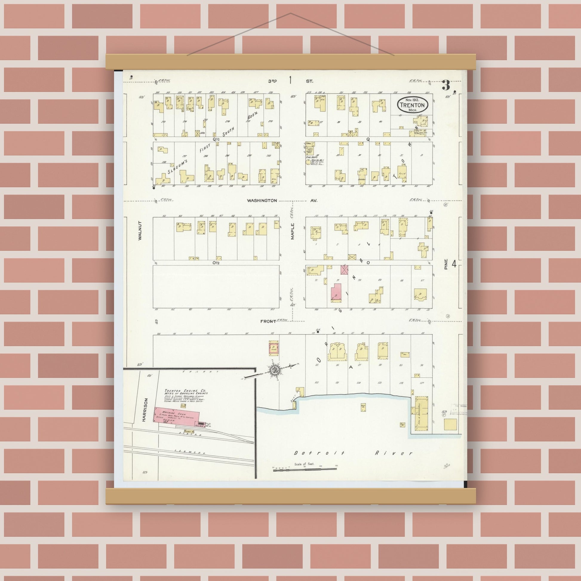 Old map wall art mockup — magnetic wood frame on brick wall — Sanborn Fire Insurance Map from Trenton, Wayne County, Michigan (1912), Sheet #0003