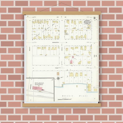 Old map wall art mockup — magnetic wood frame on brick wall — Sanborn Fire Insurance Map from Trenton, Wayne County, Michigan (1912), Sheet #0003