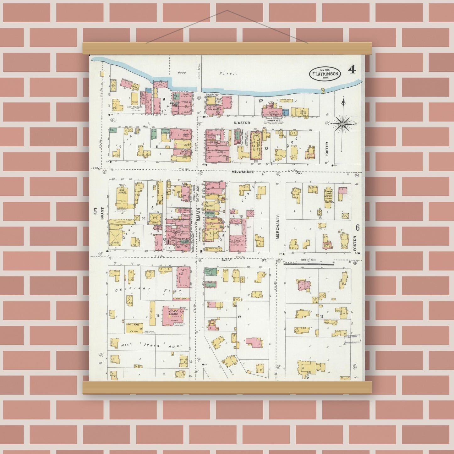 Old map wall art mockup — magnetic wood frame on brick wall — Sanborn Fire Insurance Map from Fort Atkinson, Jefferson County, Wisconsin (1904), Sheet #0004