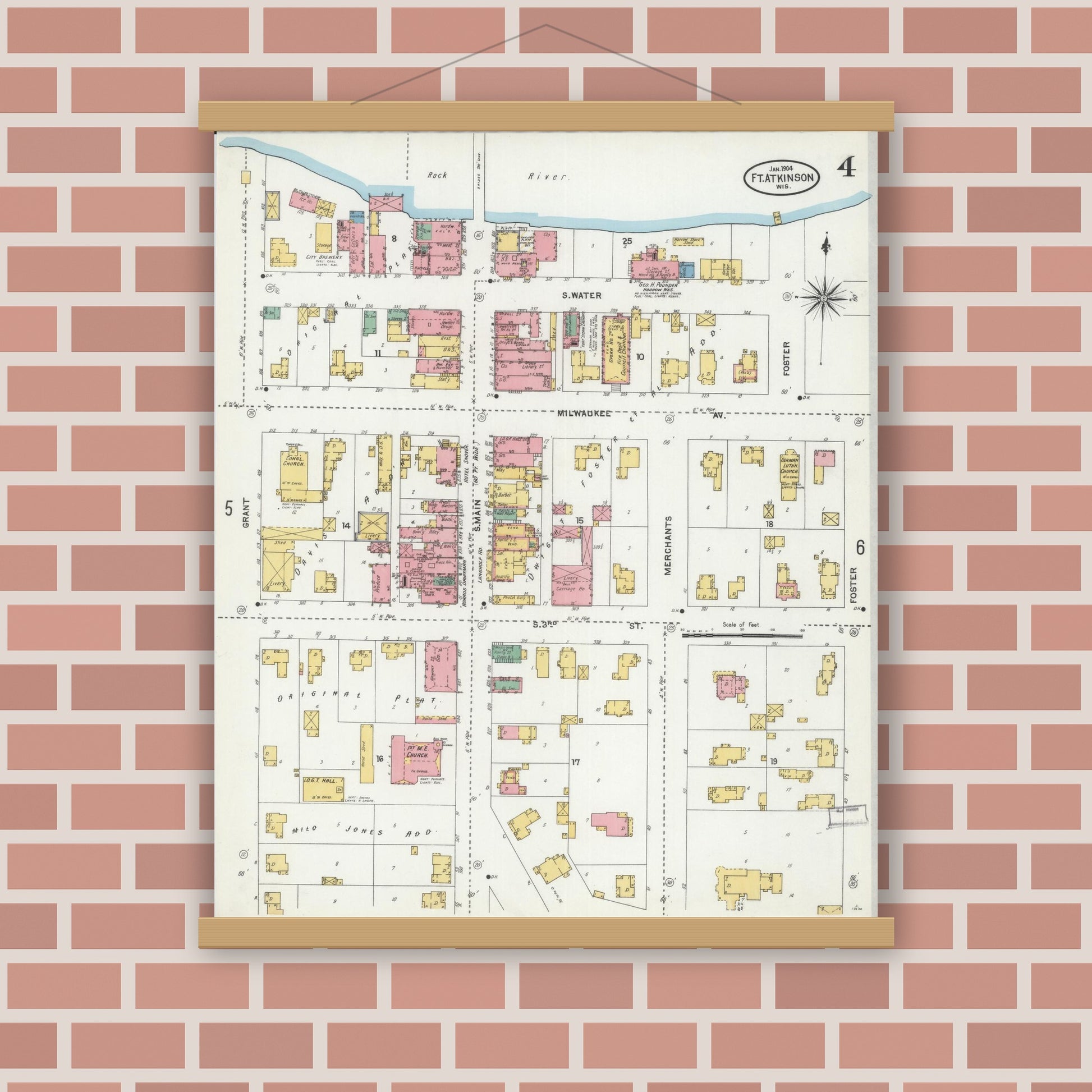 Old map wall art mockup — magnetic wood frame on brick wall — Sanborn Fire Insurance Map from Fort Atkinson, Jefferson County, Wisconsin (1904), Sheet #0004