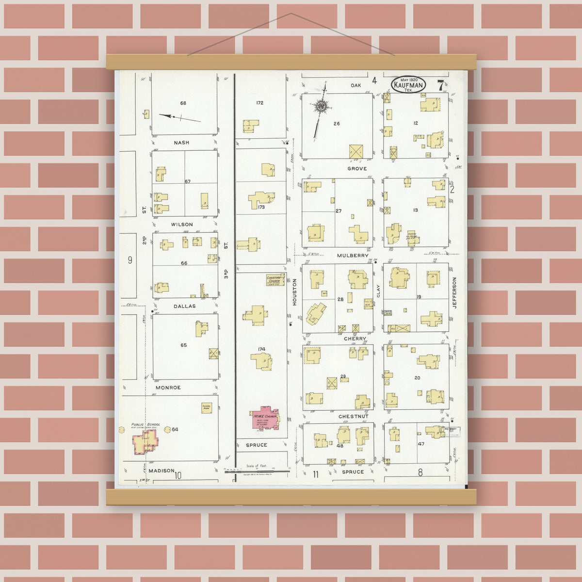 Old map wall art mockup — magnetic wood frame on brick wall — Sanborn Fire Insurance Map from Kaufman, Kaufman County, Texas (1920), Sheet #0007