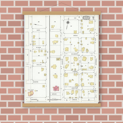 Old map wall art mockup — magnetic wood frame on brick wall — Sanborn Fire Insurance Map from Kaufman, Kaufman County, Texas (1920), Sheet #0007