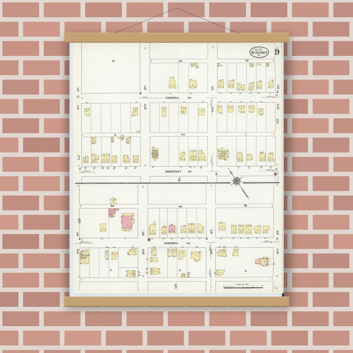 Old map wall art mockup — magnetic wood frame on brick wall — Sanborn Fire Insurance Map from Windber, Somerset County, Pennsylvania (1910), Sheet #0009