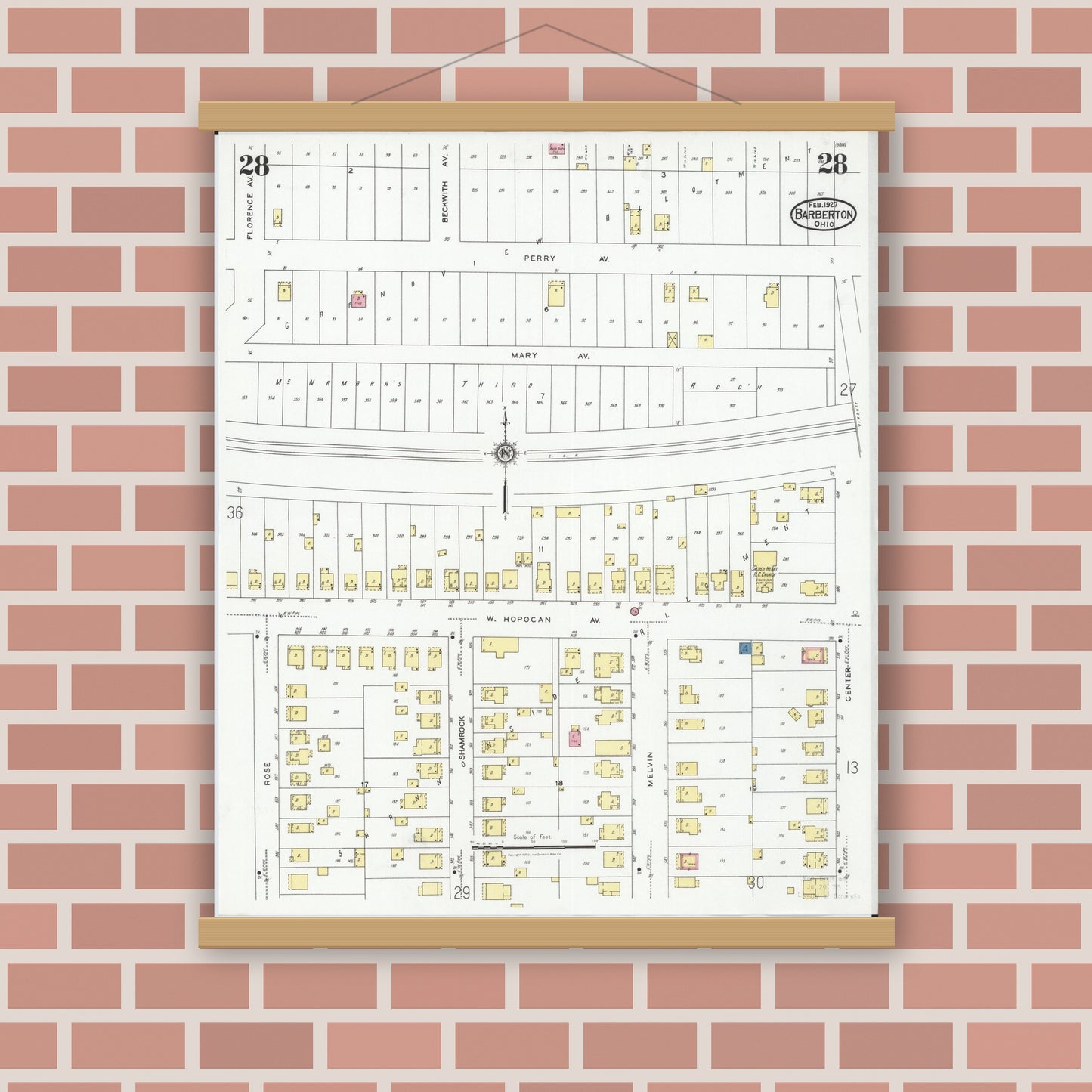 Old map wall art mockup — magnetic wood frame on brick wall — Sanborn Fire Insurance Map from Barberton, Summit County, Ohio (1927), Sheet #0028