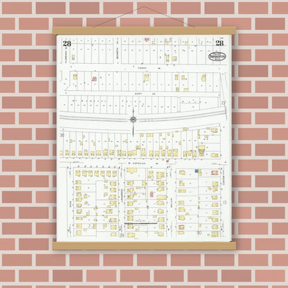 Old map wall art mockup — magnetic wood frame on brick wall — Sanborn Fire Insurance Map from Barberton, Summit County, Ohio (1927), Sheet #0028