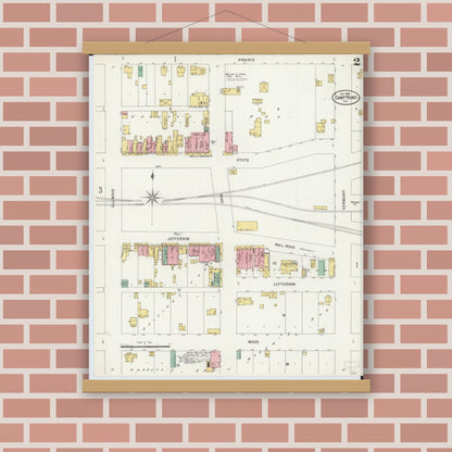 Old map wall art mockup — magnetic wood frame on brick wall — Sanborn Fire Insurance Map from Camp Point, Adams County, Illinois (1898), Sheet #0002