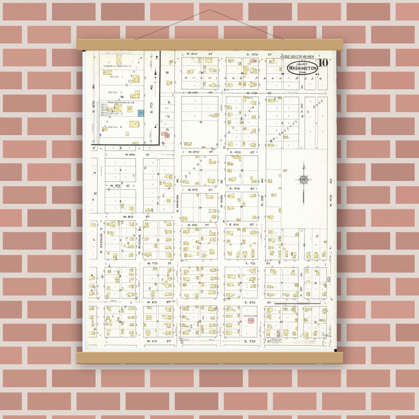 Old map wall art mockup — magnetic wood frame on brick wall — Sanborn Fire Insurance Map from Washington, Washington County, Iowa (1917), Sheet #0010