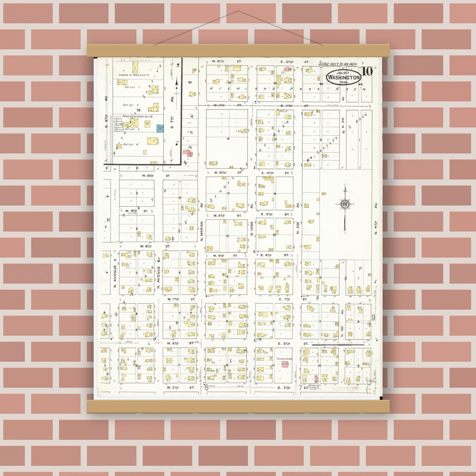 Old map wall art mockup — magnetic wood frame on brick wall — Sanborn Fire Insurance Map from Washington, Washington County, Iowa (1917), Sheet #0010