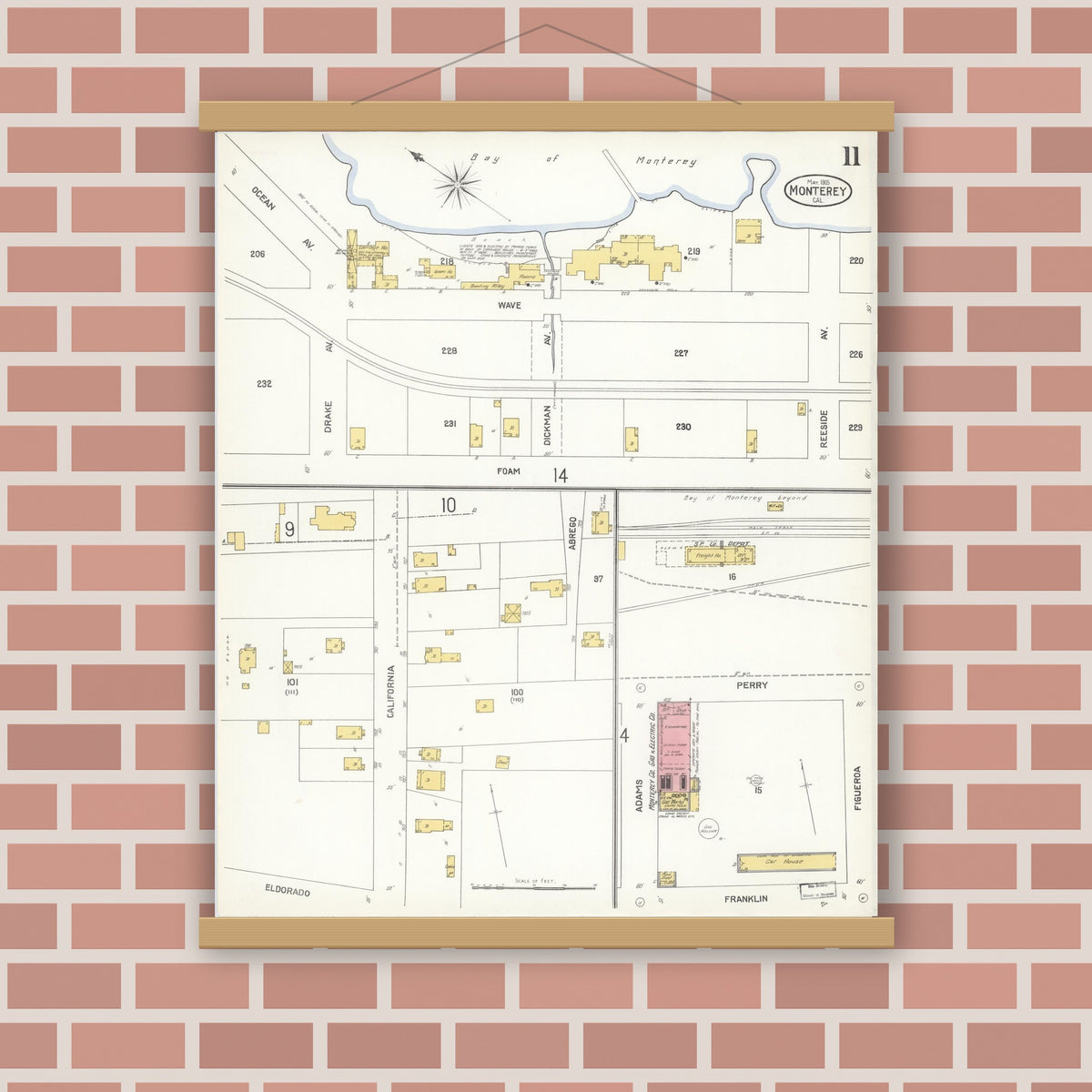 Old map wall art mockup — magnetic wood frame on brick wall — Sanborn Fire Insurance Map from Monterey, Monterey County, California (1905), Sheet #0011
