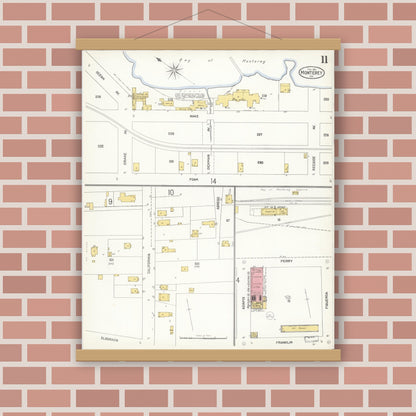 Old map wall art mockup — magnetic wood frame on brick wall — Sanborn Fire Insurance Map from Monterey, Monterey County, California (1905), Sheet #0011