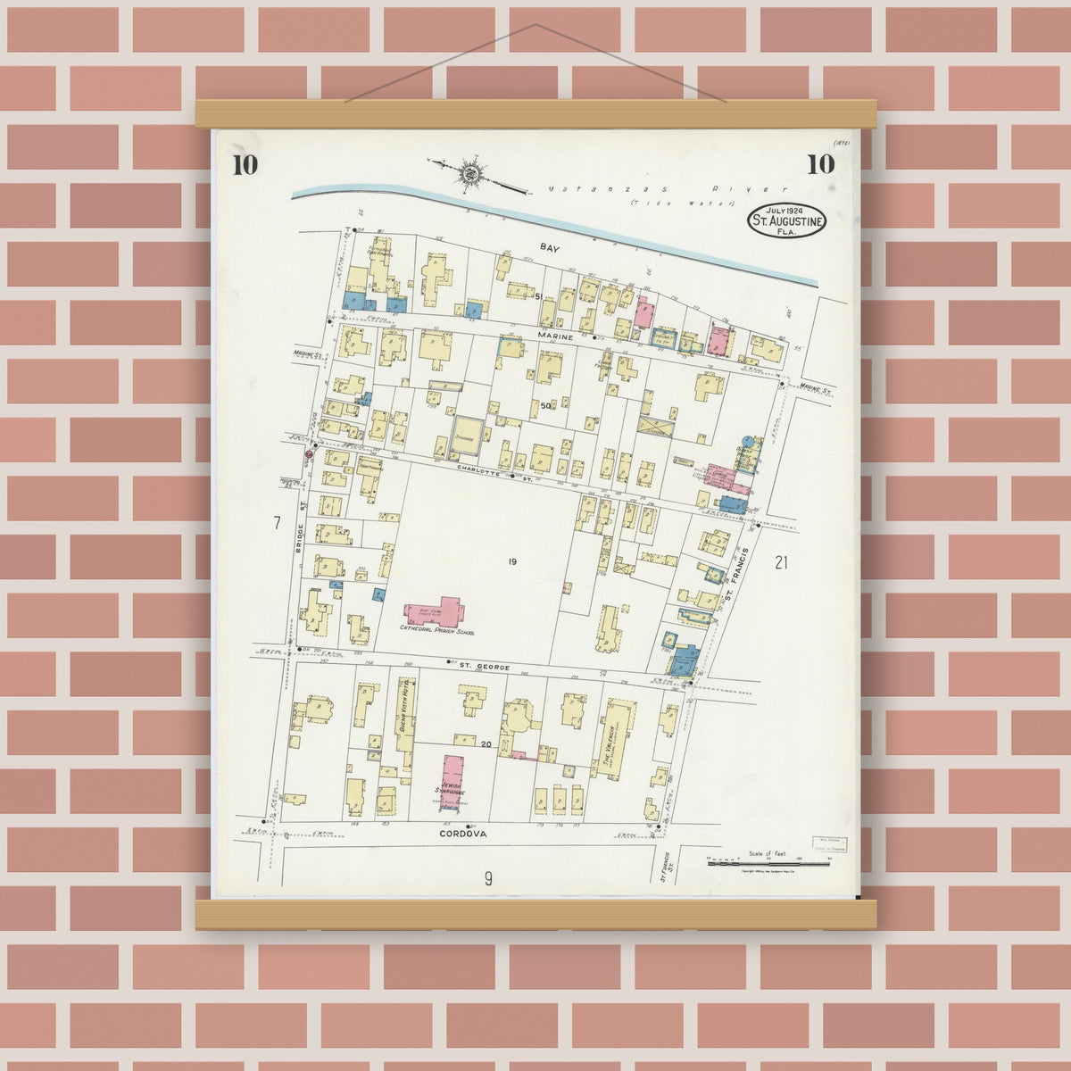 Old map wall art mockup — magnetic wood frame on brick wall — Sanborn Fire Insurance Map from Saint Augustine, Saint John's County, Florida (1924), Sheet #0010