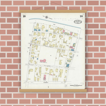 Old map wall art mockup — magnetic wood frame on brick wall — Sanborn Fire Insurance Map from Saint Augustine, Saint John's County, Florida (1924), Sheet #0010