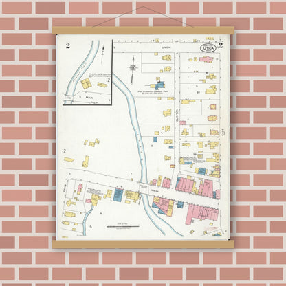 Old map wall art mockup — magnetic wood frame on brick wall — Sanborn Fire Insurance Map from Utica, Macomb County, Michigan (1926), Sheet #0002