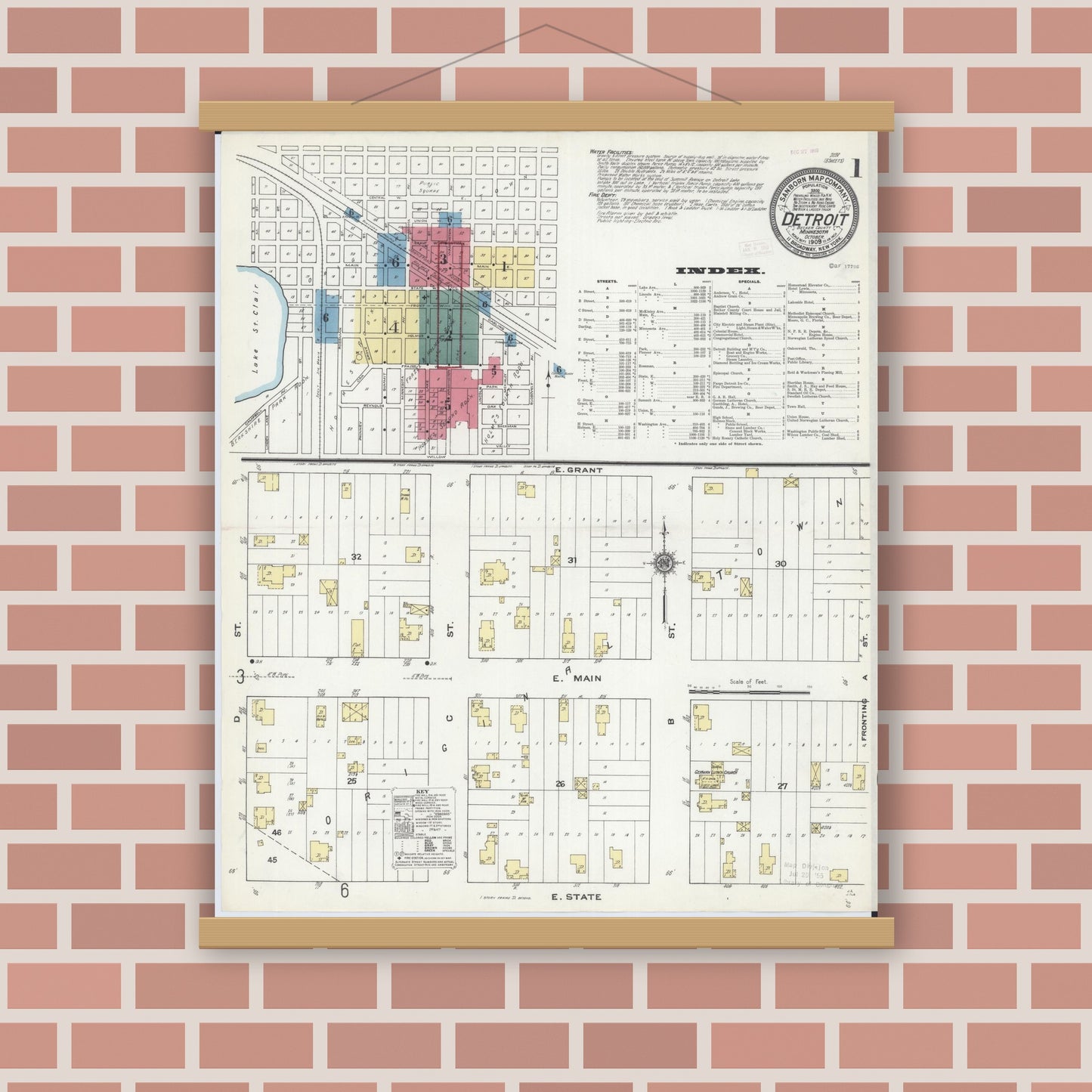 Old map wall art mockup — magnetic wood frame on brick wall — Sanborn Fire Insurance Map from Detroit Lakes, Becker County, Minnesota (1909) - Complete Map Set