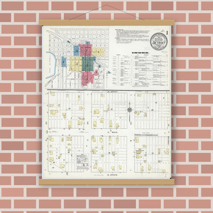 Old map wall art mockup — magnetic wood frame on brick wall — Sanborn Fire Insurance Map from Detroit Lakes, Becker County, Minnesota (1909) - Complete Map Set