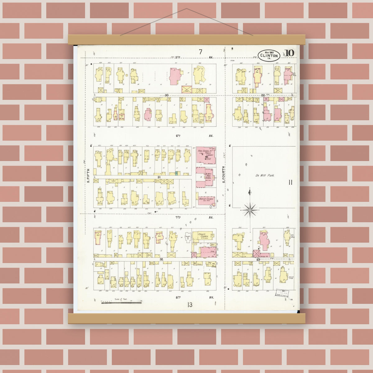 Old map wall art mockup — magnetic wood frame on brick wall — Sanborn Fire Insurance Map from Clinton, Clinton County, Iowa (1897), Sheet #0010