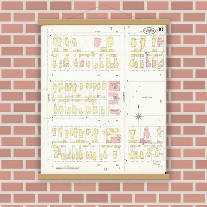 Old map wall art mockup — magnetic wood frame on brick wall — Sanborn Fire Insurance Map from Clinton, Clinton County, Iowa (1897), Sheet #0010