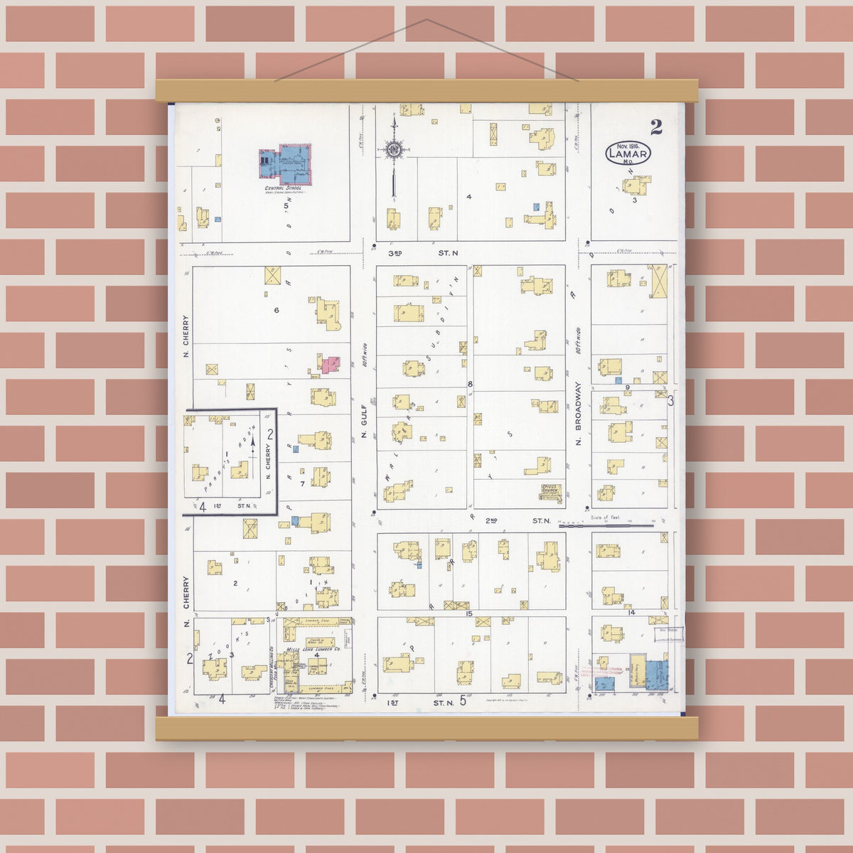 Old map wall art mockup — magnetic wood frame on brick wall — Sanborn Fire Insurance Map from Lamar, Barton County, Missouri (1916), Sheet #0002