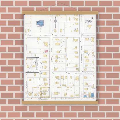 Old map wall art mockup — magnetic wood frame on brick wall — Sanborn Fire Insurance Map from Lamar, Barton County, Missouri (1916), Sheet #0002
