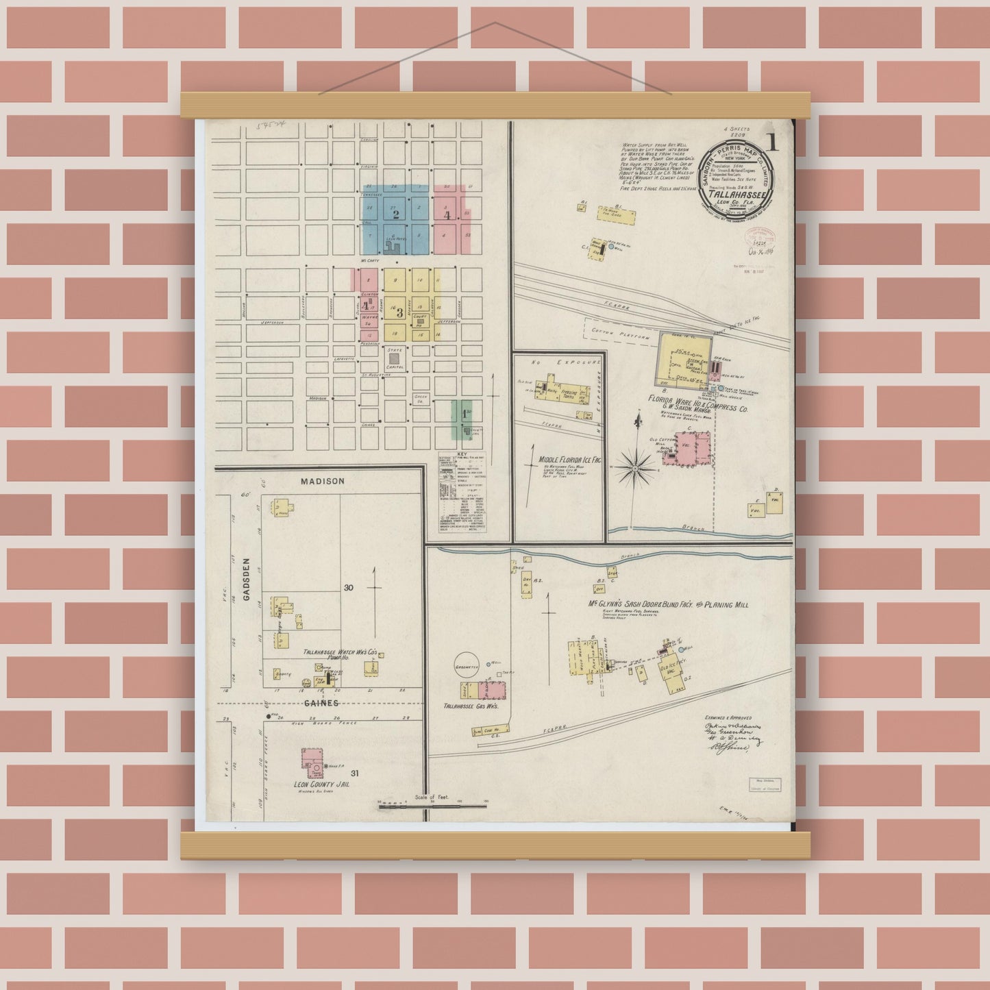 Old map wall art mockup — magnetic wood frame on brick wall — Sanborn Fire Insurance Map from Tallahassee, Leon County, Florida (1895) - Complete Map Set