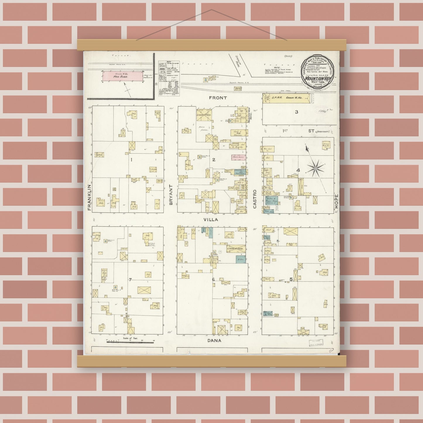 Old map wall art mockup — magnetic wood frame on brick wall — Sanborn Fire Insurance Map from Mountain View, Santa Clara County, California (1888), Sheet #0001