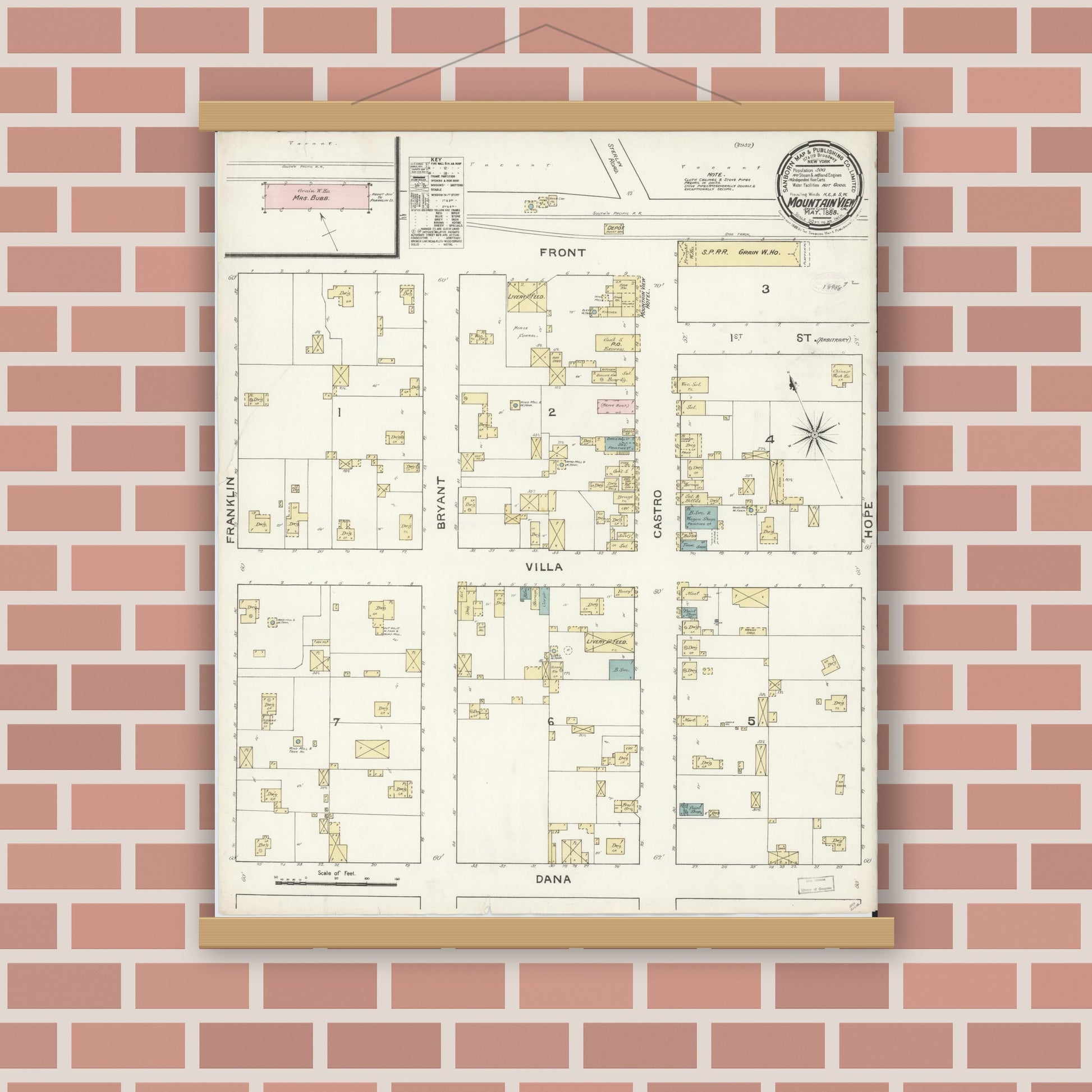 Old map wall art mockup — magnetic wood frame on brick wall — Sanborn Fire Insurance Map from Mountain View, Santa Clara County, California (1888), Sheet #0001