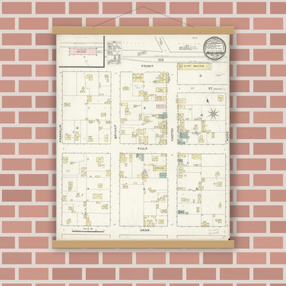 Old map wall art mockup — magnetic wood frame on brick wall — Sanborn Fire Insurance Map from Mountain View, Santa Clara County, California (1888), Sheet #0001