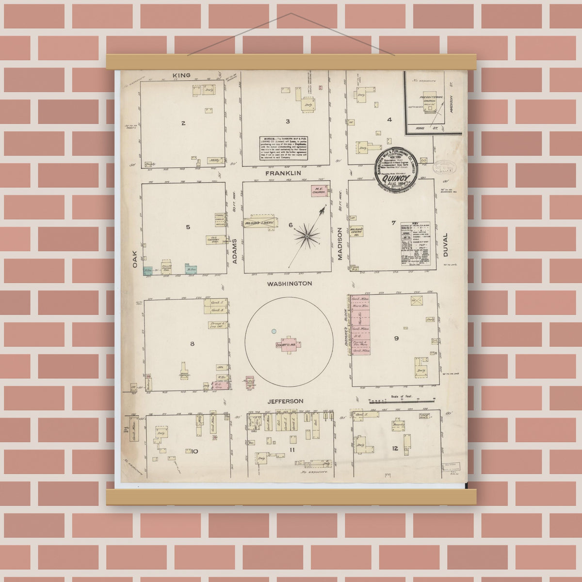 Old map wall art mockup — magnetic wood frame on brick wall — Sanborn Fire Insurance Map from Quincy, Gadsden County, Florida (1884), Sheet #0001