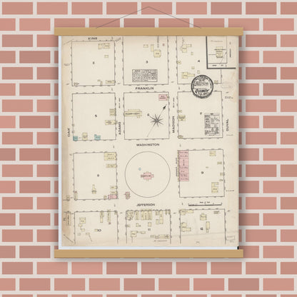 Old map wall art mockup — magnetic wood frame on brick wall — Sanborn Fire Insurance Map from Quincy, Gadsden County, Florida (1884), Sheet #0001