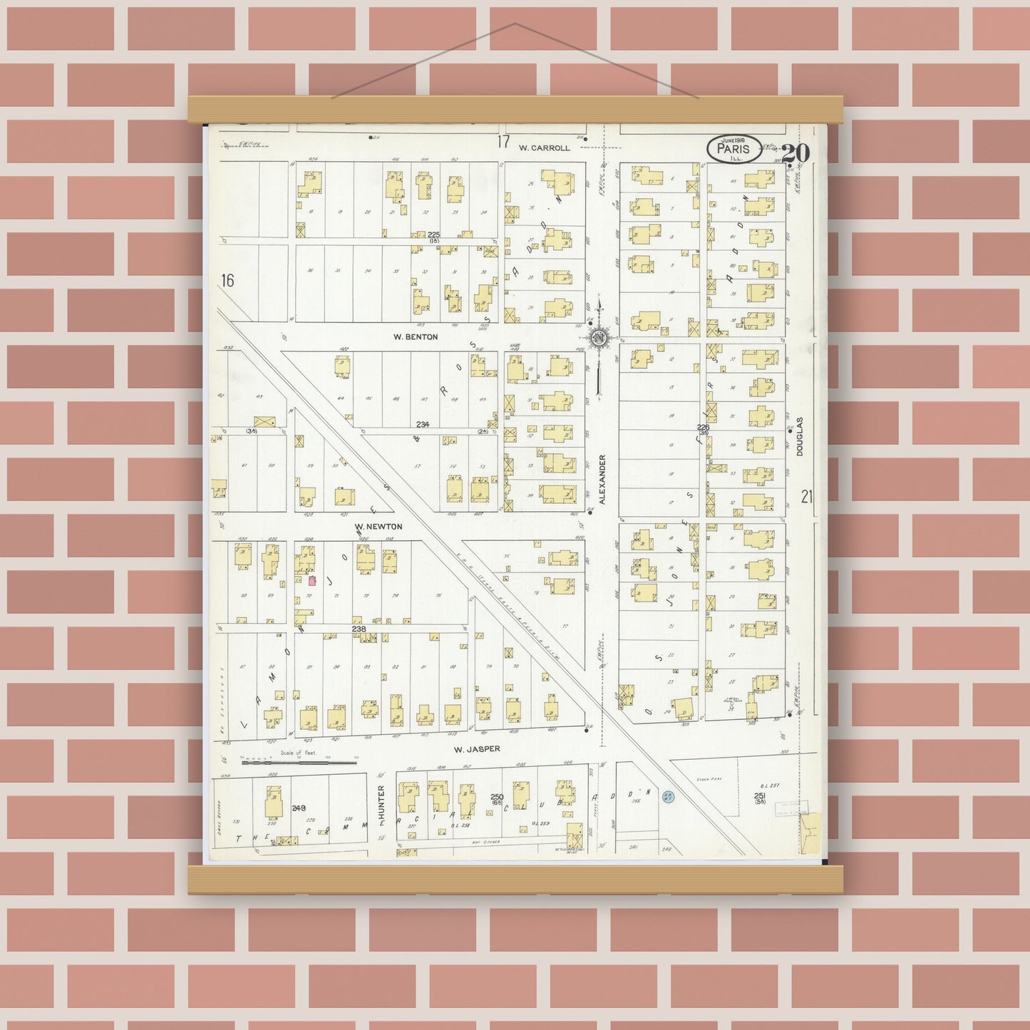 Old map wall art mockup — magnetic wood frame on brick wall — Sanborn Fire Insurance Map from Paris, Edgar County, Illinois (1916), Sheet #0020