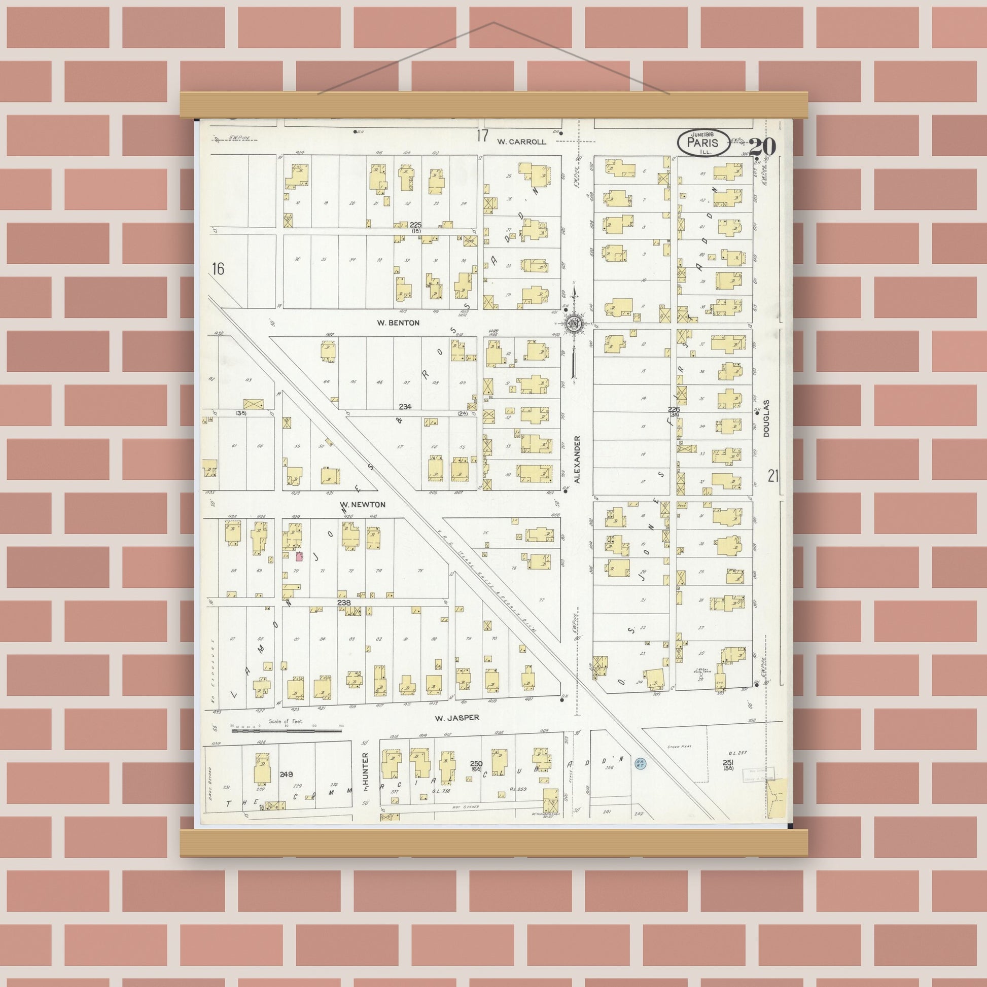 Old map wall art mockup — magnetic wood frame on brick wall — Sanborn Fire Insurance Map from Paris, Edgar County, Illinois (1916), Sheet #0020