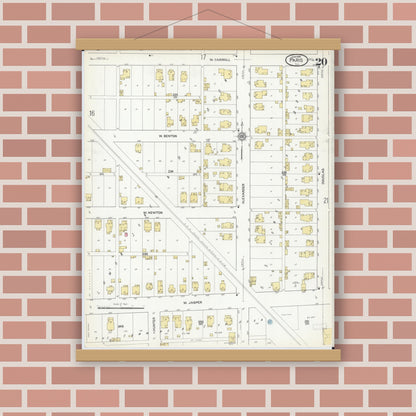 Old map wall art mockup — magnetic wood frame on brick wall — Sanborn Fire Insurance Map from Paris, Edgar County, Illinois (1916), Sheet #0020