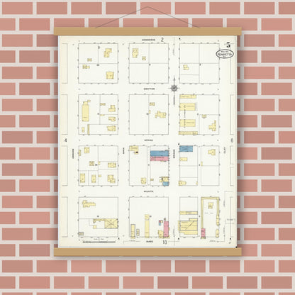 Old map wall art mockup — magnetic wood frame on brick wall — Sanborn Fire Insurance Map from Henrietta, Clay County, Texas (1912), Sheet #0005